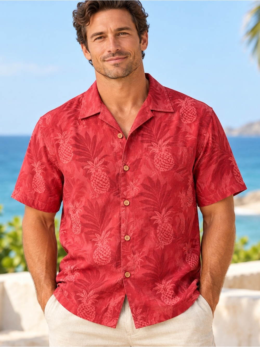 Tommy Bahama Mens XL Red Pineapple Silk Cotton Camp Shirt Hawaiian Short Sleeve